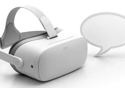 VR 헤드셋과 영어 학습을 상징하는 영국 국기 말풍선 아이콘이 있는 썸네일 이미지