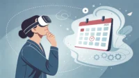 VR 헤드셋을 쓴 사람이 예약 변경을 위해 달력 아이콘을 보며 고민하는 모습, VR 체험 예약 변경 영어 표현 관련 이미지.