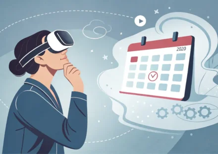 VR 헤드셋을 쓴 사람이 예약 변경을 위해 달력 아이콘을 보며 고민하는 모습, VR 체험 예약 변경 영어 표현 관련 이미지.