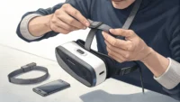 VR 헤드셋 안전 장비 착용법과 관련 영어 표현 학습을 상징하는 이미지