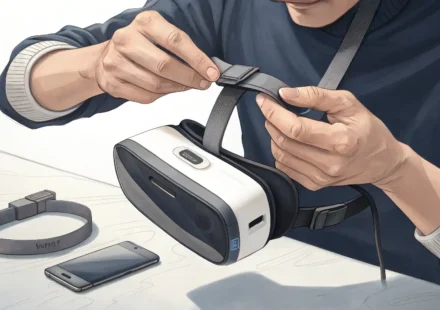 VR 헤드셋 안전 장비 착용법과 관련 영어 표현 학습을 상징하는 이미지