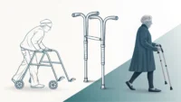 다양한 보행보조기(지팡이, 목발, 보행기) 아이콘과 영어 학습을 상징하는 아이콘이 있는 이미지