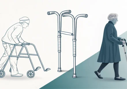 다양한 보행보조기(지팡이, 목발, 보행기) 아이콘과 영어 학습을 상징하는 아이콘이 있는 이미지