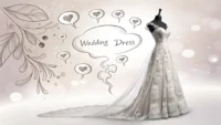 웨딩드레스 마네킹 주위로 'Wedding Gown', 'A-line', 'Veil' 등 관련 영어 단어 카드와 말풍선이 떠 있는 이미지, 웨딩드레스 관련 영어 표현 학습 컨셉 시각...