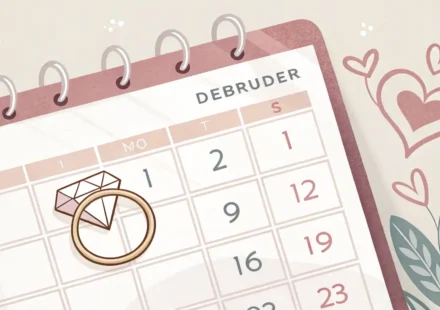 결혼 반지 아이콘이 있는 달력과 시간 및 질문 아이콘이 있는 말풍선으로 결혼식 일정 조율 관련 영어 대화를 시각적으로 표현한 이미지