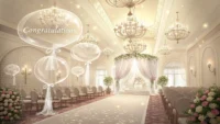 우아한 웨딩 베뉴(예식장) 배경 이미지 위에 'Wedding Hall?'과 'Wedding Venue?' 영어 표현이 적힌 말풍선이 떠 있는 모습, 예식장 관련 영어 표현 학습 콘...