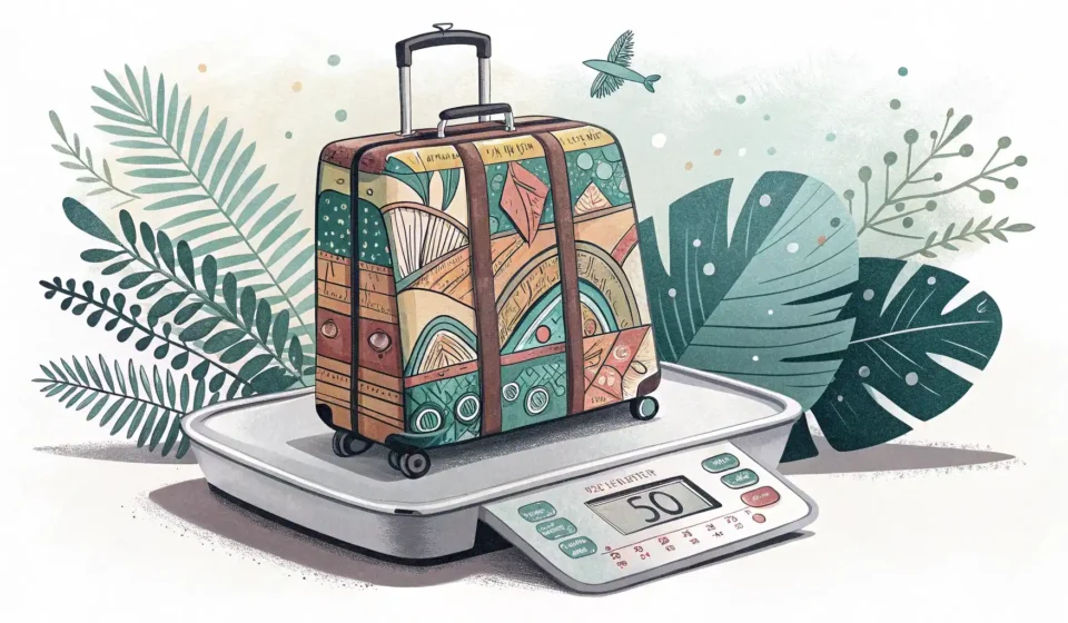 저울 위에 놓인 여행 가방 옆에 영어 질문을 상징하는 말풍선 아이콘이 있는 이미지, 무게 관련 영어 표현 학습을 나타냄.