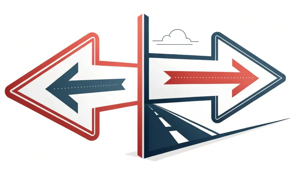 파란색과 주황색 화살표가 반대 방향을 가리키며 'whereas'와 'while' 영어 표현의 비교와 대조를 상징하는 이미지.