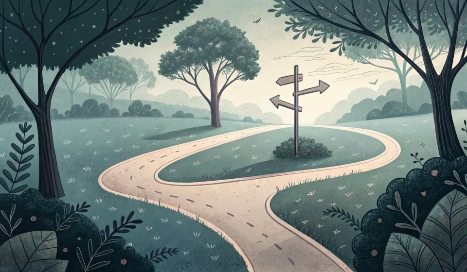 갈림길에서 나뉘는 두 개의 경로 이미지, 영어 표현 'whether or not'와 'if'의 선택과 조건의 차이를 시각적으로 나타냄.