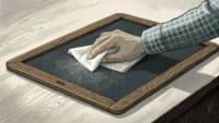 깨끗하게 닦이고 있는 슬레이트 이미지, 과거를 잊고 새로 시작하는 영어 표현 'Wipe the slate clean' 학습 주제를 나타냄.