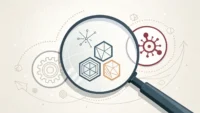 돋보기로 'with'와 'together with'의 미묘한 차이를 상징하는 두 개의 연결된 아이콘을 비교하는 이미지