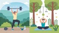영어 표현 'Work out'의 두 가지 주요 의미인 '운동하다'와 '해결하다'를 시각적으로 보여주는 벡터 아트 이미지.