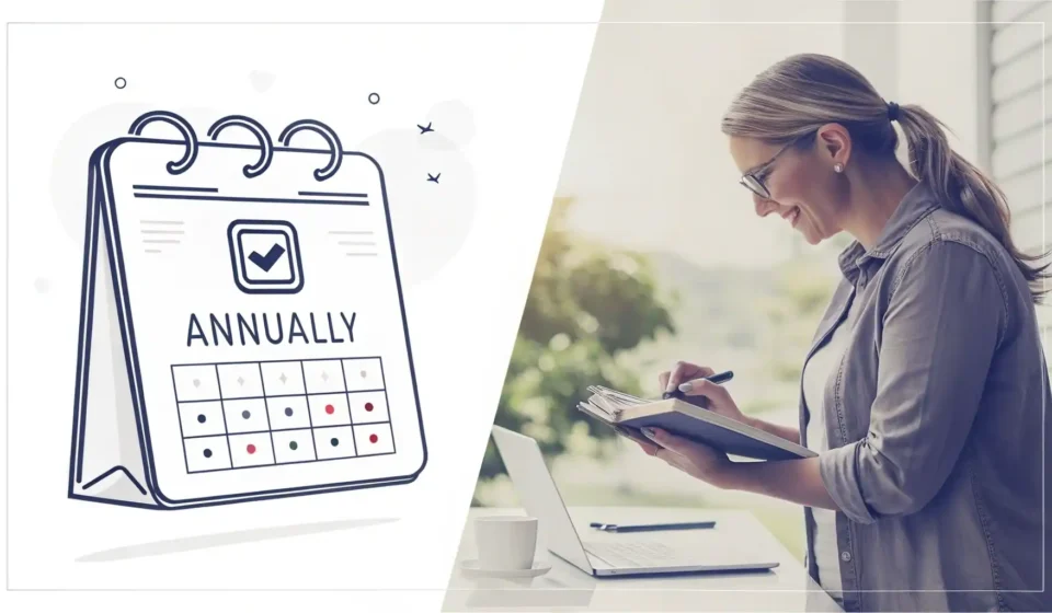 'Year after year'와 'Annually'의 차이 및 연속 연간 영어 표현을 시각적으로 비교하는 달력 아이콘 이미지