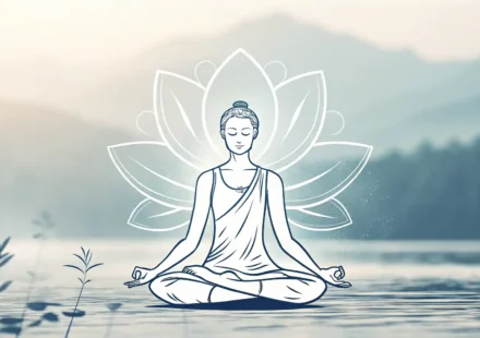 요가 자세를 취한 사람 주위로 영어 학습을 나타내는 아이콘(말풍선, 책)이 떠 있는 평온한 분위기의 일러스트레이션