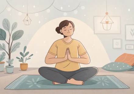 요가 매트 위에서 명상하는 사람과 영어 듣기 및 이해를 상징하는 아이콘 이미지