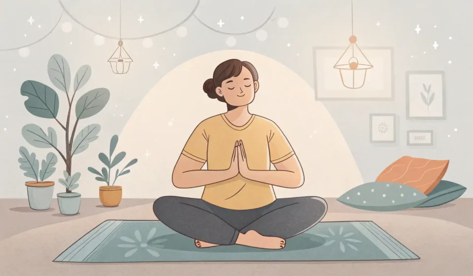 요가 매트 위에서 명상하는 사람과 영어 듣기 및 이해를 상징하는 아이콘 이미지