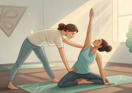 요가 스튜디오에서 강사가 학생의 자세를 교정해주며 영어 표현 사용법을 알려주는 이미지