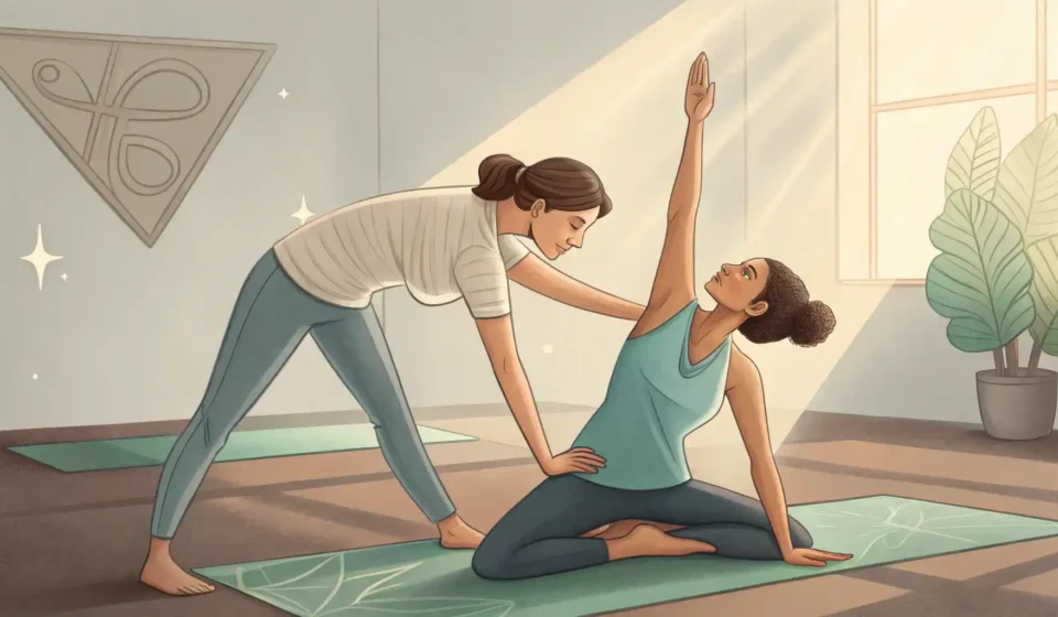 요가 스튜디오에서 강사가 학생의 자세를 교정해주며 영어 표현 사용법을 알려주는 이미지