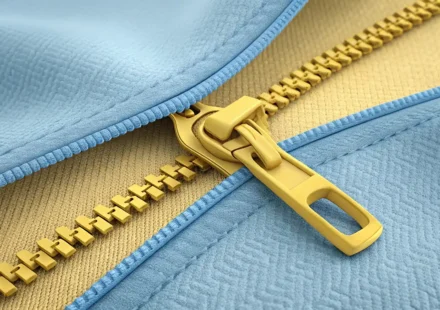 파란색 옷감 배경의 노란색 지퍼 클로즈업 일러스트, 지퍼 손잡이 옆 학습을 상징하는 전구 아이콘.