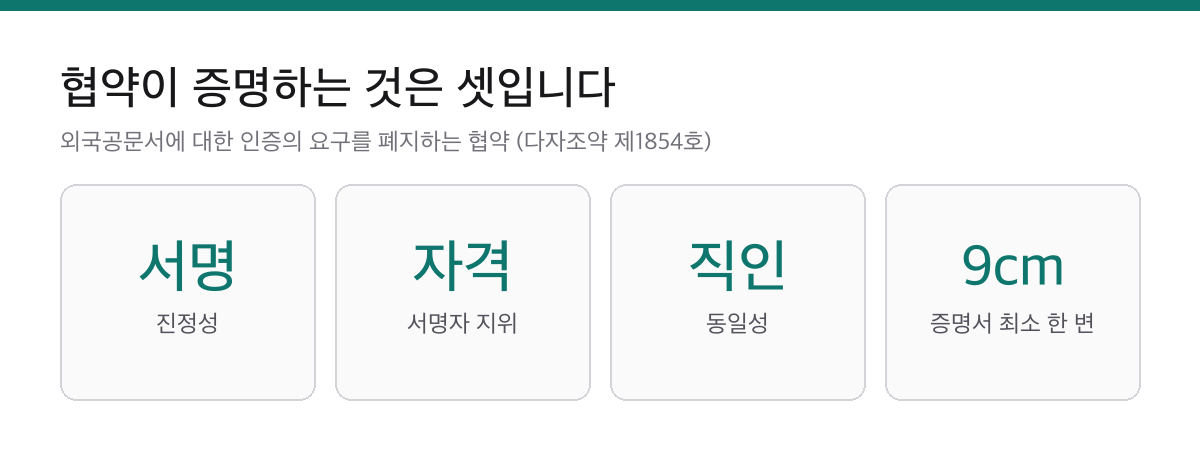아포스티유가 증명하는 서명의 진정성, 서명자 자격, 직인 동일성 세 가지와 증명서 최소 크기 9센티미터를 정리한 요약 카드