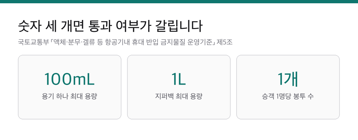 기내 반입 액체 용기 100밀리리터, 지퍼백 1리터, 승객 1인당 봉투 1개 기준을 정리한 요약 카드