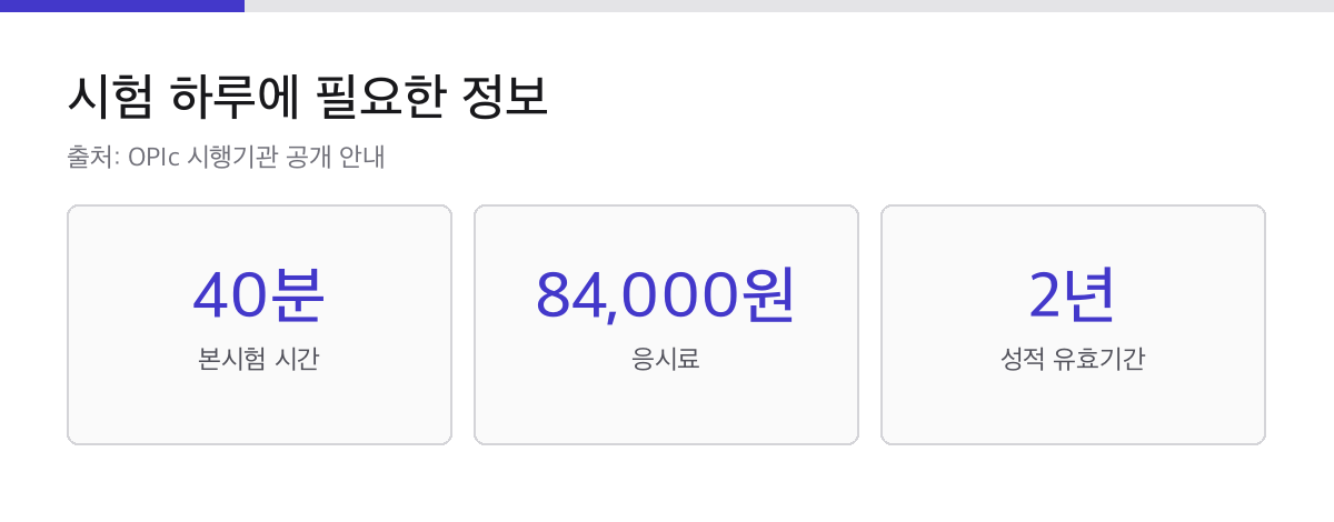 OPIc 본시험 40분과 응시료 84000원, 성적 유효기간 2년을 표시한 카드